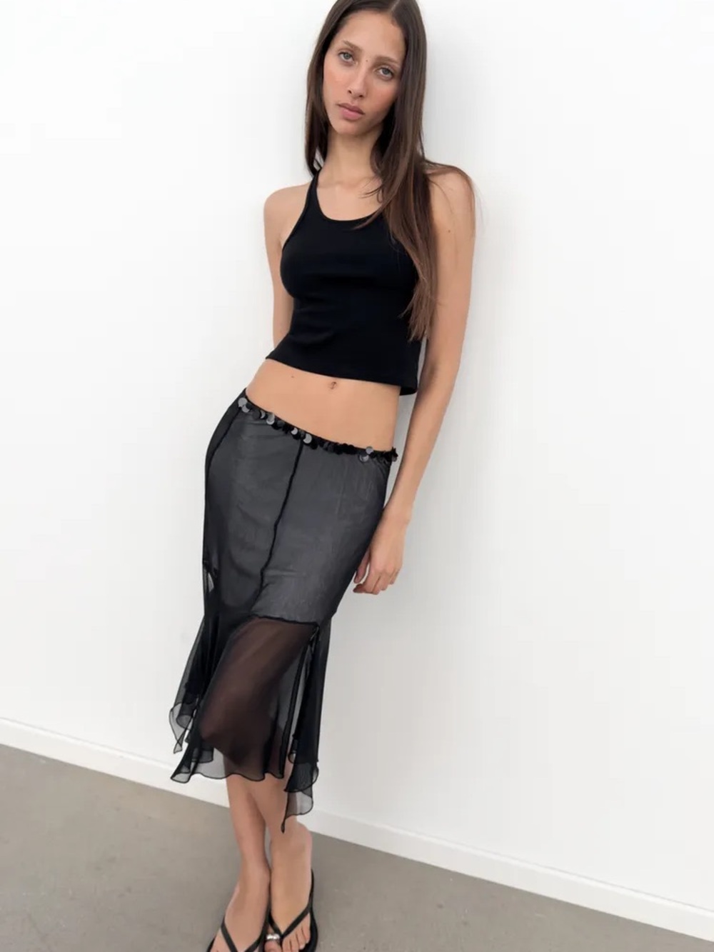 Zara Black Sheer Midi Skirt with Sequin Trim